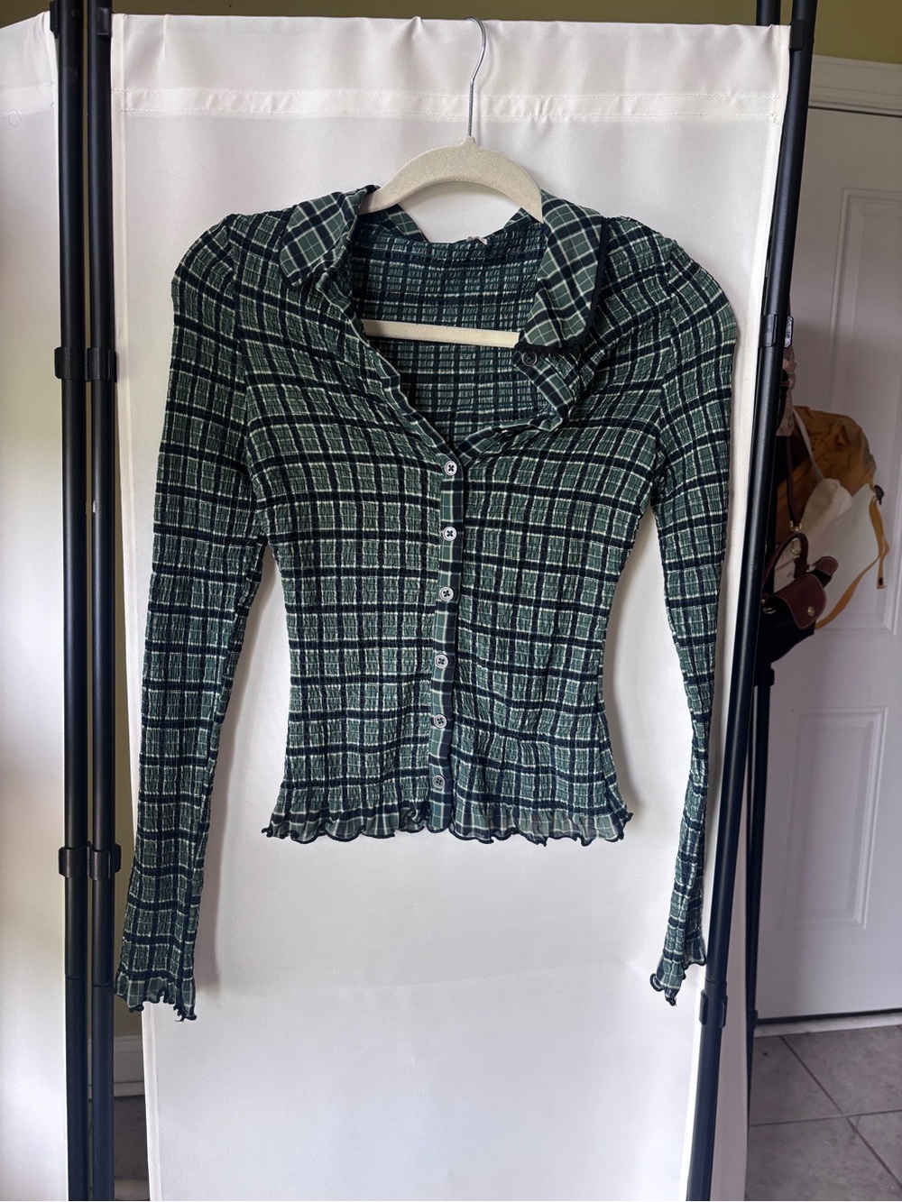 Free People Green Plaid Button-Down Ruffle-Hem Top
